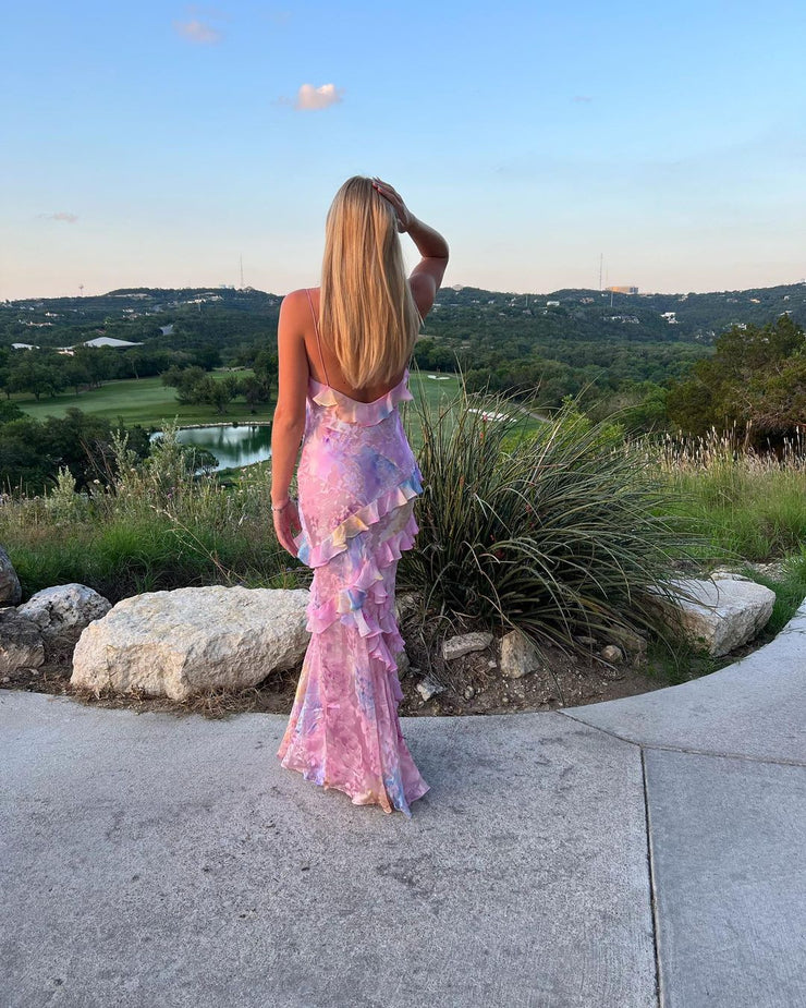 Aurora Ruffle Gown | Pastel floral formal dress
