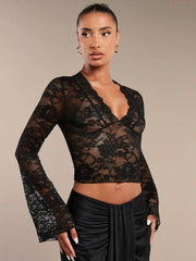 Isla Flare Lace Top | Black sheer party blouse