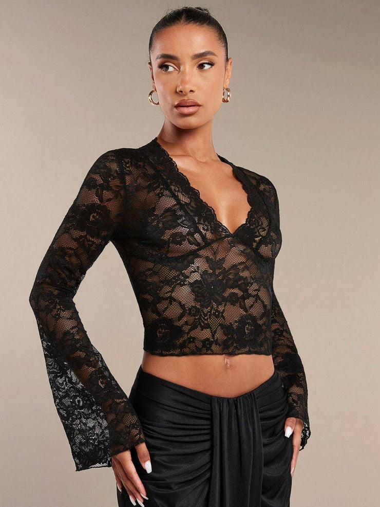 Isla Flare Lace Top | Black sheer party blouse