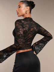Isla Flare Lace Top | Black sheer party blouse