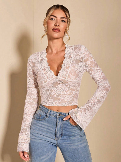 Isla Flare Lace Top | Black sheer party blouse