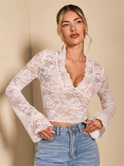 Isla Flare Lace Top | Black sheer party blouse