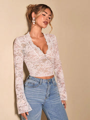 Isla Flare Lace Top | Black sheer party blouse