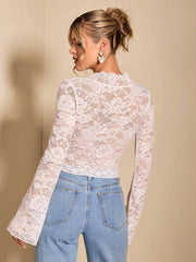 Isla Flare Lace Top | Black sheer party blouse