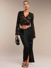Isla Flare Lace Top | Black sheer party blouse