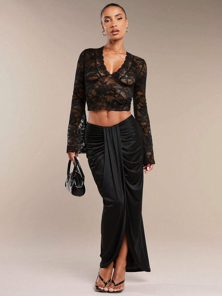 Isla Flare Lace Top | Black sheer party blouse