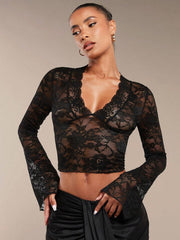 Isla Flare Lace Top | Black sheer party blouse
