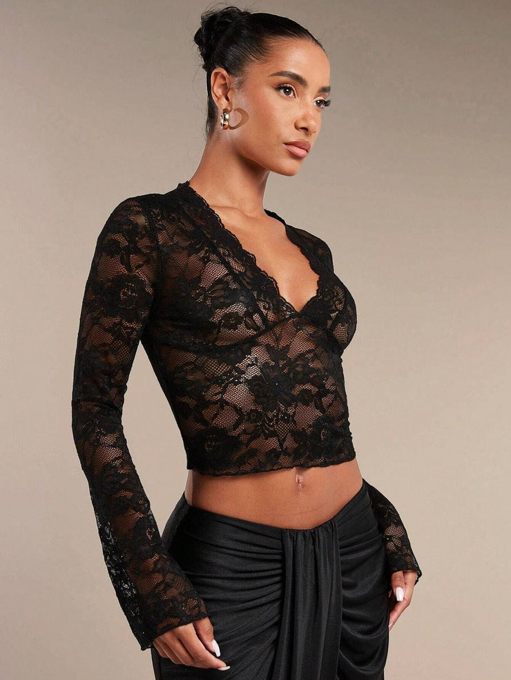 Isla Flare Lace Top | Black sheer party blouse