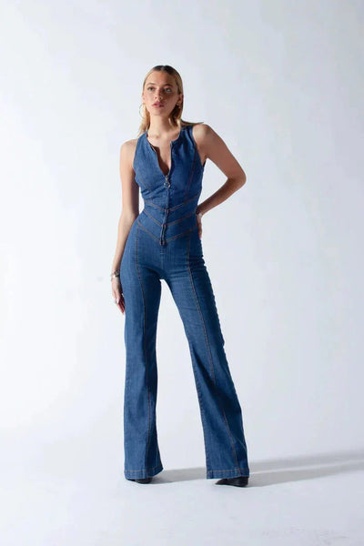 Harlow Denim | Heart cut-out flared jumpsuit