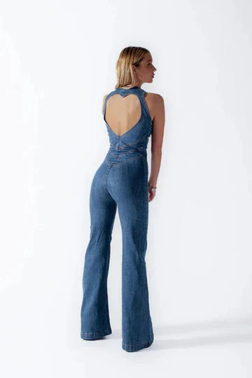 Harlow Denim | Heart cut-out flared jumpsuit