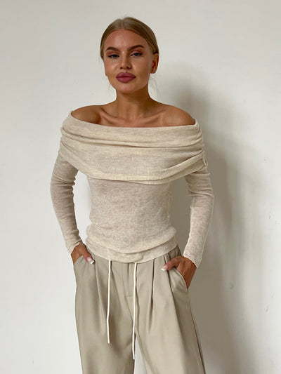 Sienna Off Shoulder Knit Top | Elegant ribbed long sleeve