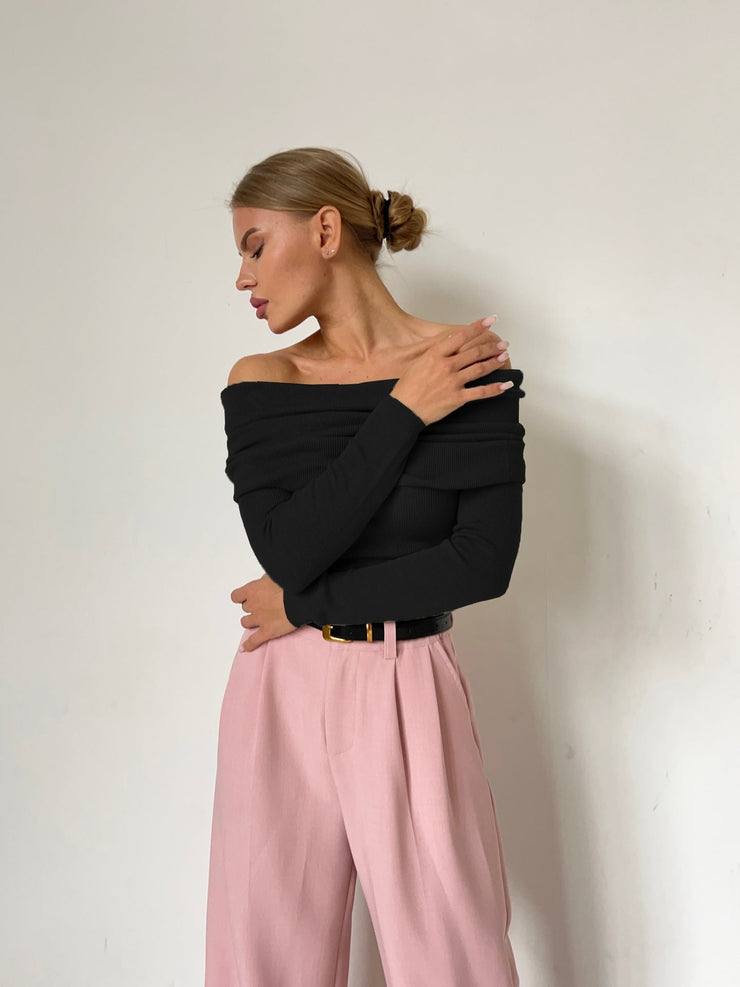 Sienna Off Shoulder Knit Top | Elegant ribbed long sleeve