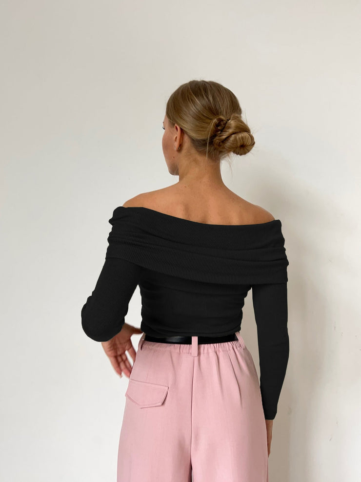 Sienna Off Shoulder Knit Top | Elegant ribbed long sleeve