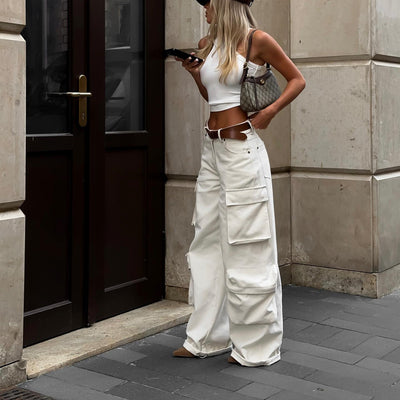 Harper Cargo Pants | Wide-leg white utility trousers