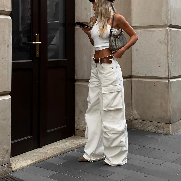Harper Cargo Pants | Wide-leg white utility trousers