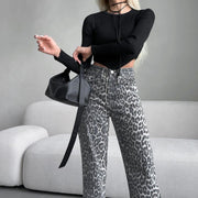 Nova Wide-Leg Jeans | Grey leopard high-waist denim