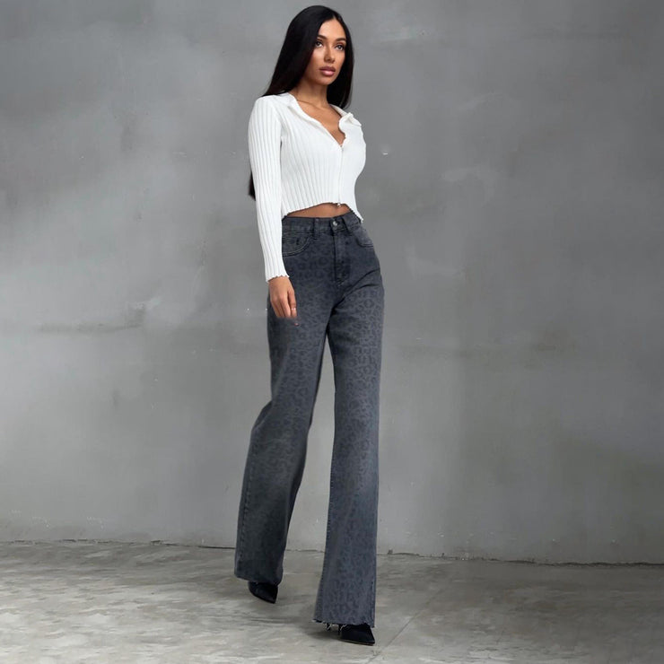 Nova Wide-Leg Jeans | Grey leopard high-waist denim