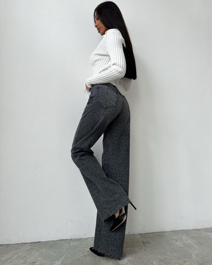 Nova Wide-Leg Jeans | Grey leopard high-waist denim
