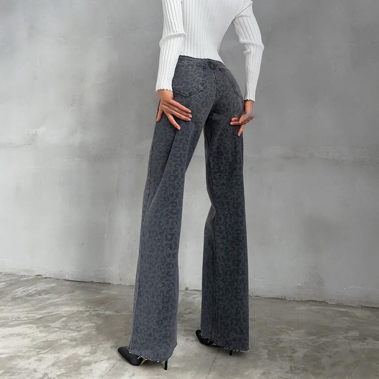 Nova Wide-Leg Jeans | Grey leopard high-waist denim