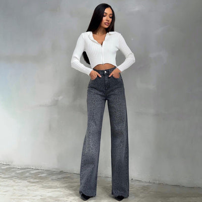 Nova Wide-Leg Jeans | Grey leopard high-waist denim
