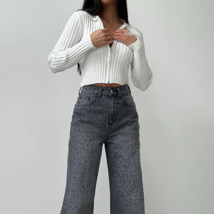 Nova Wide-Leg Jeans | Grey leopard high-waist denim