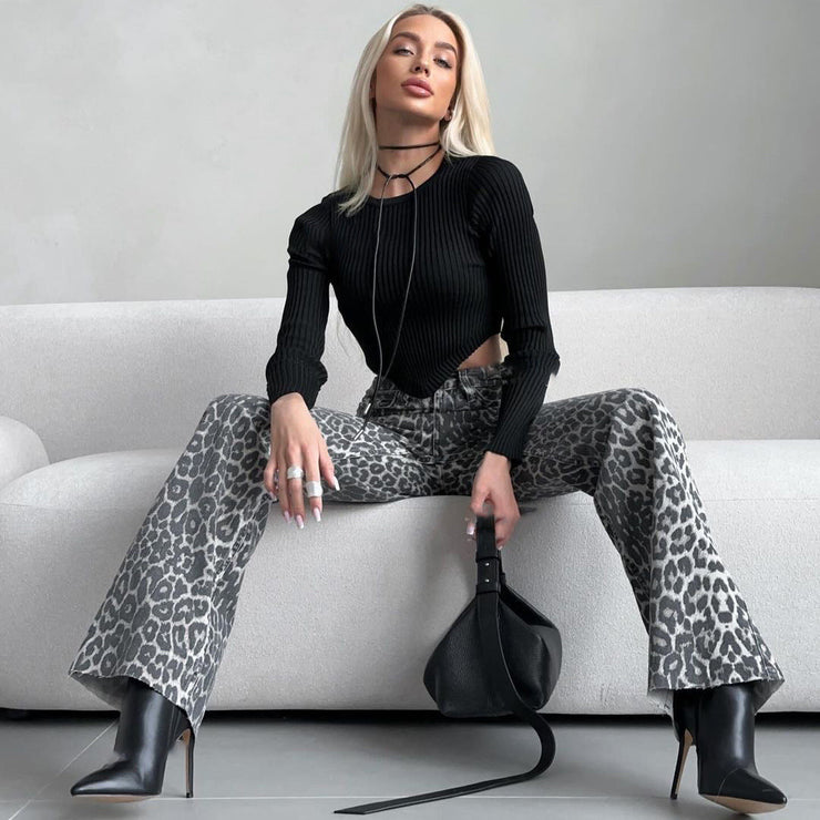 Nova Wide-Leg Jeans | Grey leopard high-waist denim