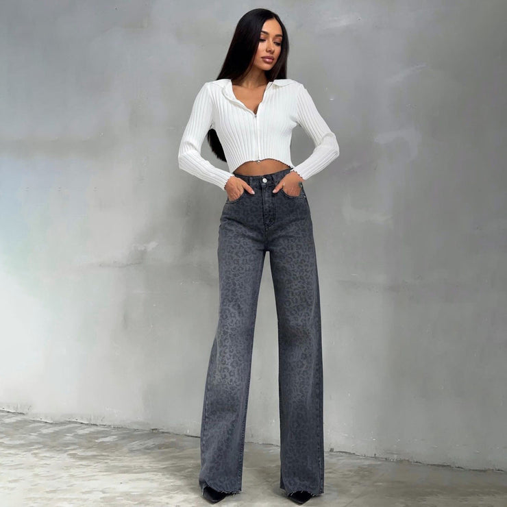 Nova Wide-Leg Jeans | Grey leopard high-waist denim