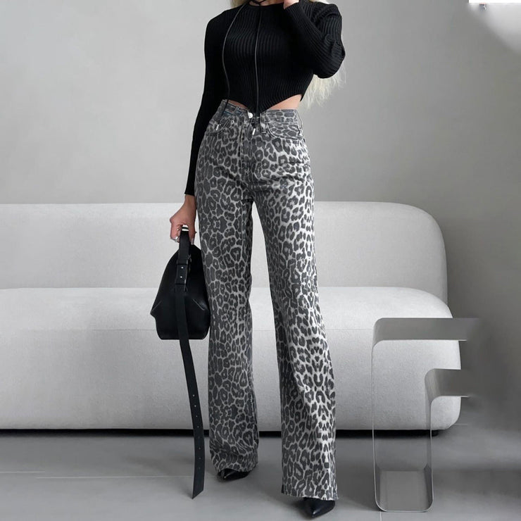 Nova Wide-Leg Jeans | Grey leopard high-waist denim