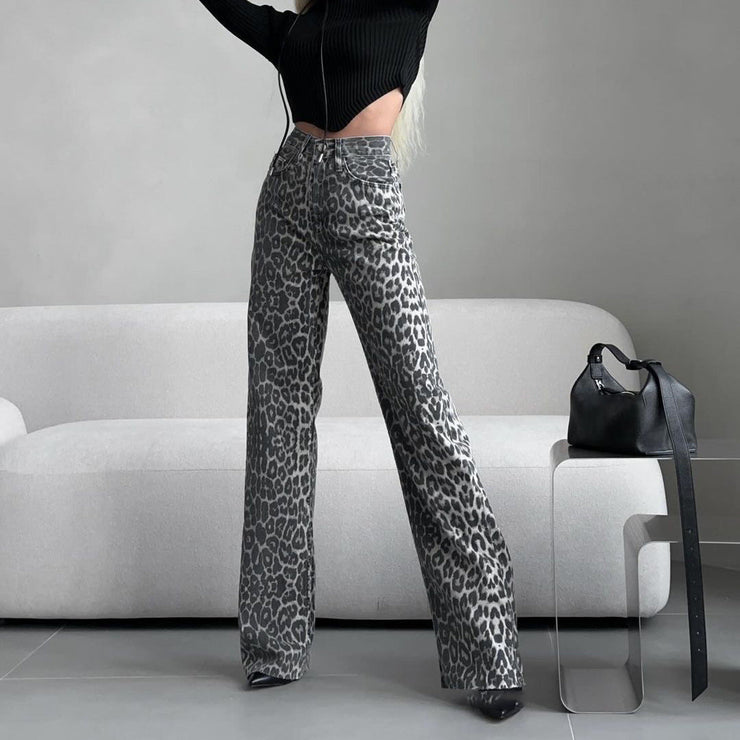 Nova Wide-Leg Jeans | Grey leopard high-waist denim