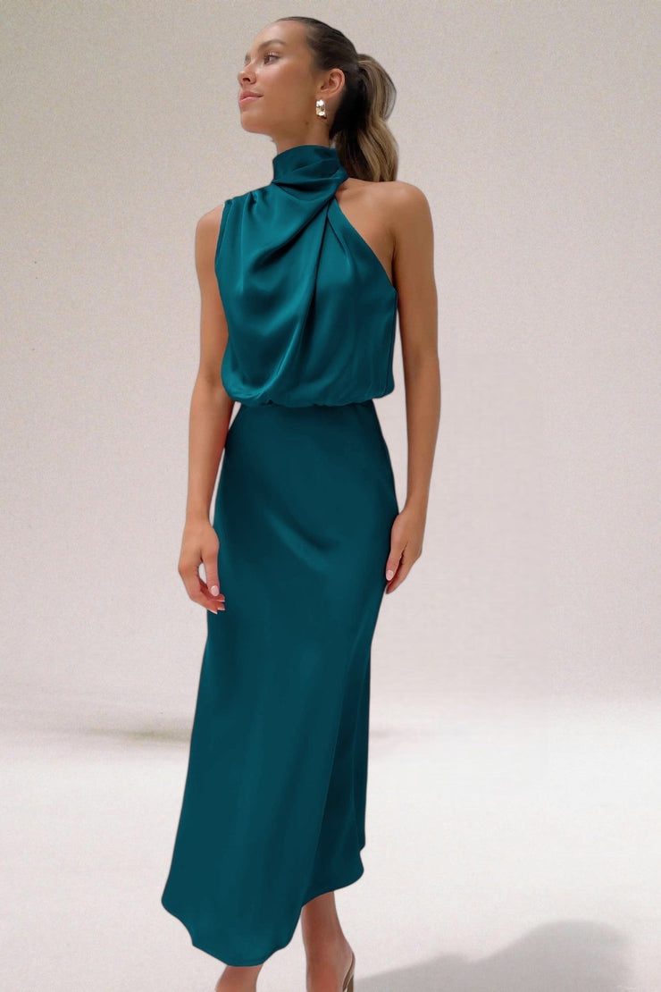 Luxe Satin Halter Midi Dress | Elegant & Flattering Fit