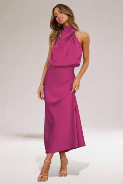 Luxe Satin Halter Midi Dress | Elegant & Flattering Fit