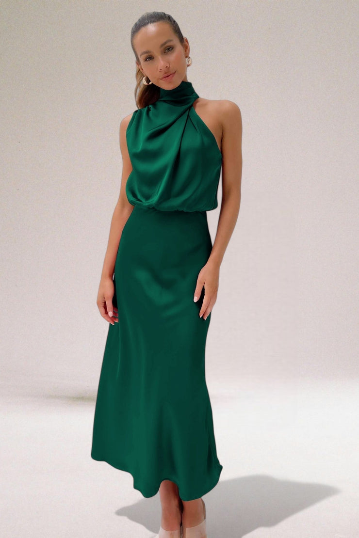 Luxe Satin Halter Midi Dress | Elegant & Flattering Fit