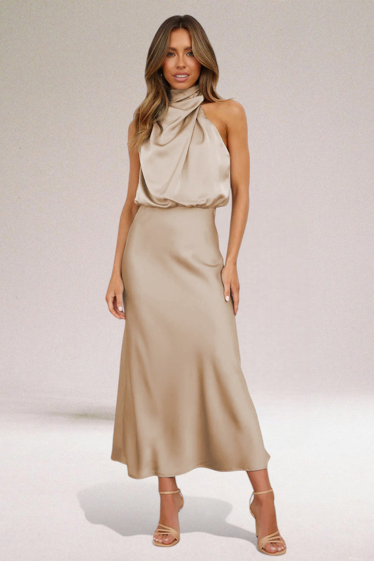 Luxe Satin Halter Midi Dress | Elegant & Flattering Fit