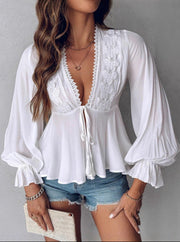 Luna Boho Blouse | White flowy top with lace detail